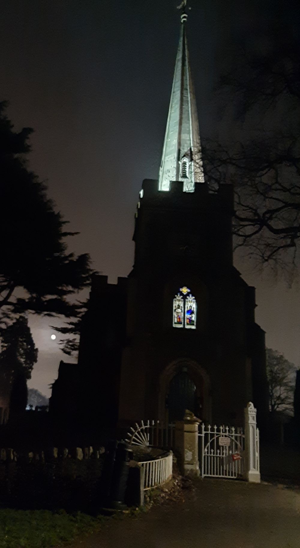 Sue Fenton, January Wolf Moon frenchay church at night